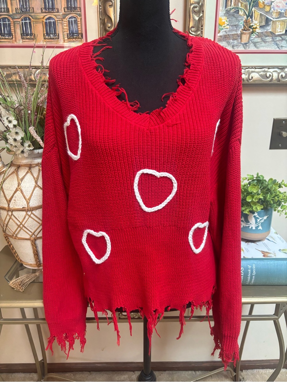 Simply Southern “Heart Eyes” Red Cable Knit V-Neck Distressed Oversized Sweater